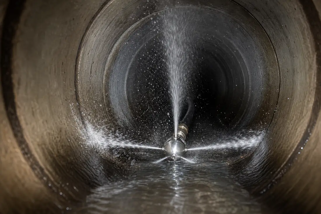 Buse de curage projetant des jets d'eau haute pression à l'intérieur d'une conduite en béton pour décoller les dépôts