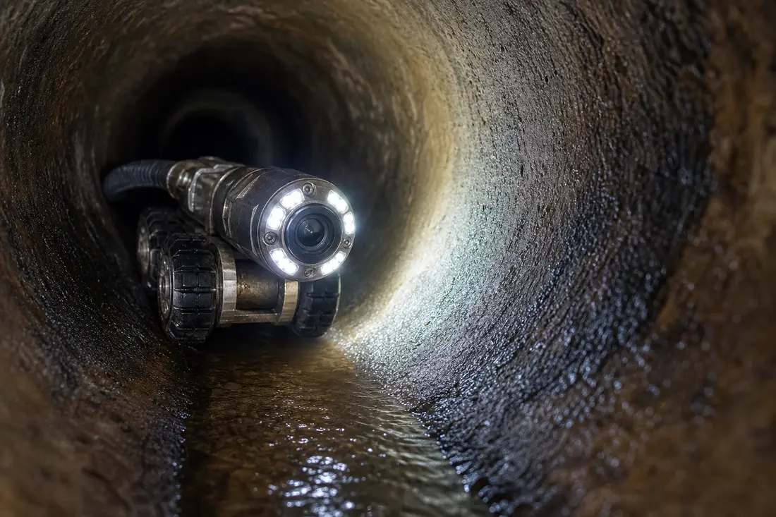 Tête de caméra d'inspection introduite dans une canalisation, avec écran de contrôle, lors d'un diagnostic en Suisse romande