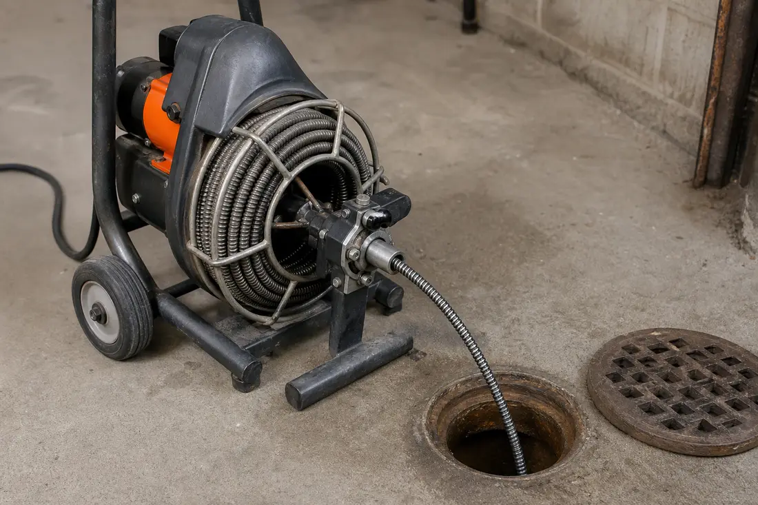 Furet électrique avec sa spirale métallique enroulée sur un tambour, prêt à être introduit dans une canalisation