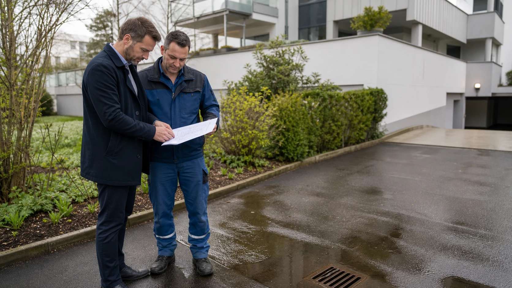 Une régisseuse et un technicien observent une zone d’écoulement près d’un immeuble suisse
